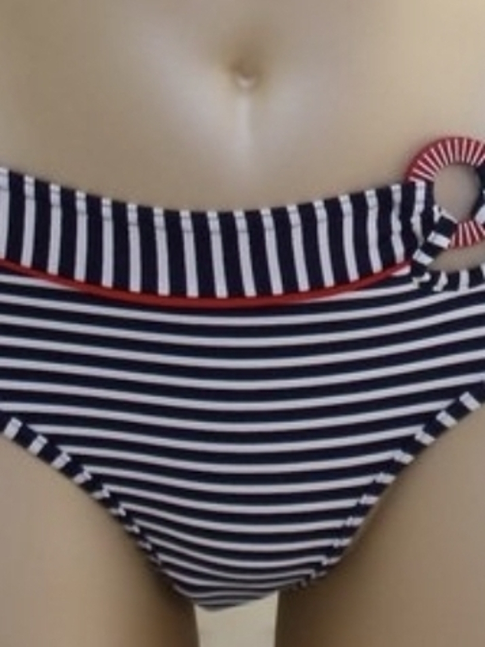 Freya Navy, White & Red Striped High-Waist Bikini Bottom with Ring Accent